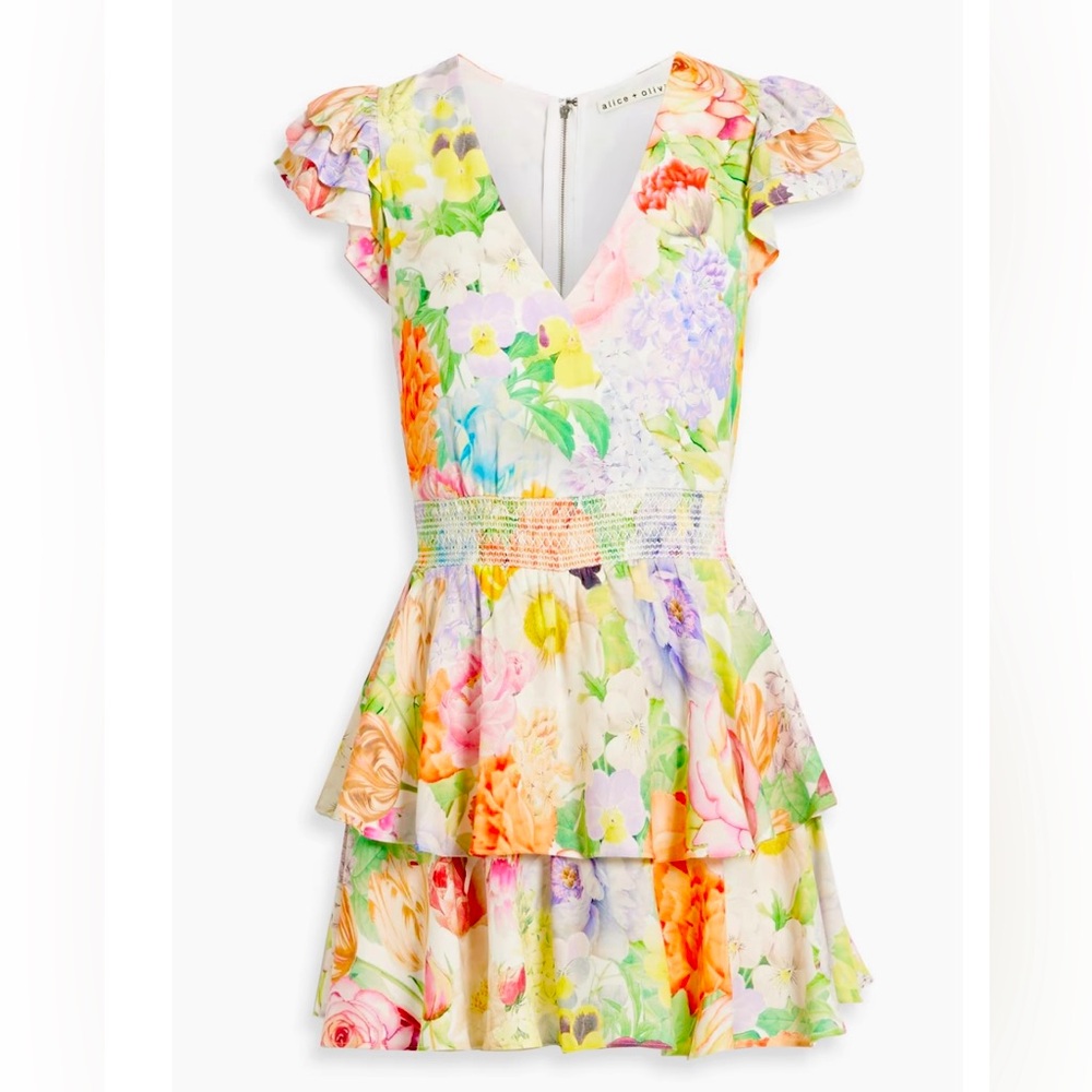 Alice & Olivia Mariska ruffled floral-print satin-crepe mini dress